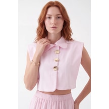 CEMO Gold Düğme Detaylı Vatkalı Crop Yelek Keten Pantolon Takım Pembe
