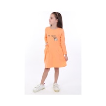 Toontoy Kız Çocuk Baskılı Relax Fit Bisiklet Yaka Uzun Kollu Cepli Elbise - Turuncu