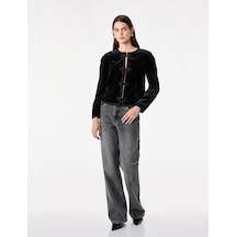 Koton Slim Fit Vatkalı Bisiklet Yaka Uzun Kollu Süslü Düğmeli Kadife Ceket Siyah 7wak10033uk