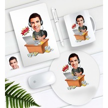 Kişiye Özel Bay Gamer Karikatürlü Defter Kalem Kupa Mouse Pad Set