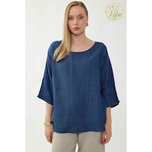 Vitrin %100 Keten Geniş Yaka Oversize Kısa Kol Bluz Lacivert