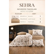 Lüks%80 Pamuklu Çift Kişilik Nevresim Takımı Seti Yorgan Kılıfı Krem Yaprak Desen 200x220 Cm + Lastikli Battal Boy Çarşaf 180x200x30 Cm +2 Yastık Kılıflı 50x70 Cm 0