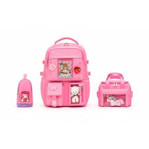 Quovo Kawaii Kore Tarzı Full Aksesuarlı Yerli Günlük Okul Çantası Kız Erkek Beslenme Kalemlik Çanta Seti Pembe
