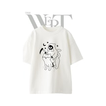 Thewert Grim Reaper Cat Tasarım Baskılı Ünisex Beyaz Oversize T-shirt