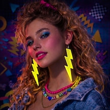 80 Ler 90&amp 39 Lar Retro Neon Sarı Şimşek Küpe 10 Cm - Qhdh-874153 Renkli