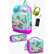 Coral High Kids Su Yeşili Pembe Kedi Desenli Usb'li 3 Lü Okul Çanta Seti Set0123807