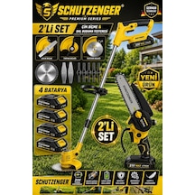 Schutzenger 2011C 4 Akülü Set Şarjlı Ot Çim Biçme Makinesi Tırpan Ve Şarjlı Dal Budama Testeresi 15cm Pala Otomatik Yağlamalı Sarı