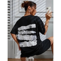 Startmore Brooklyn Slogan Baskılı Gazete Desenli Oversize Siyah