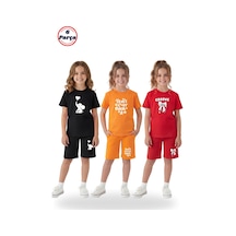 Fyk Kids 3'lü Yuvarlak Yaka Tişört Renkli Kapri Baskı Detaylı 6 Parça Kız Çocuk Alt Üst Takım Siyah - Kırmızı