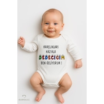 Babyden's "harçlıkları Hazırla Dedeciğim Ben Geliyorum " Yazılı Uzun Kollu Bebek Zıbını %100 Pamuklu Body Beyaz
