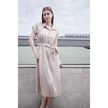 %100 Iyocell Akıcı Şık Kumaş Yakalı Düşük Omuzlu Duble Kollu Bağcıklı Midi Boy Diz Altı Elbise-taş Taş