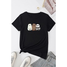 Unisex Kafadar Ayılar Tasarım Kısa Kol Tshirt SIYAH
