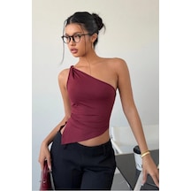 Kadın Siyah Tek Omuz Bluz Asimetrik Kesim Likralı Crop Şık Ve Modern Tasarım Bordo