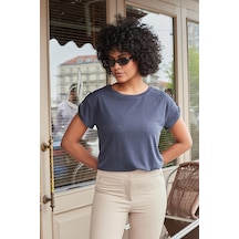 Jument Kadın Modal Penye Geniş Sıfır Yaka Düşük Omuzlu Apoletli Kısa Kol T-shirt Bluz-lacivert Lacivert