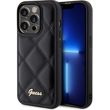 Apple iPhone 14 Pro Max Uyumlu Kılıf Guess  Lisanslı Pu Deri Metal Yazı Logolu Kapitone Kapak Siyah