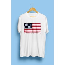 Amerika Ülke Bayrak Temalı Tasarım Baskılı Unisex Tişört Beyaz