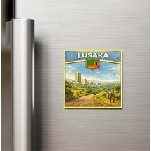 Retro Zambiya Lusaka Şehri Temalı Vintage Buzdolap Magneti 9x9 Cm