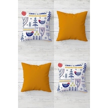 İskandinav Desen Modern Kuşlu Gizli Fermuarlı Kırlent Kılıfı Koltuk Yastık Kılıfı Takım 4adet , Mavi-beyaz-hardal 45 X 45 50 x 22