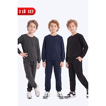 Panios Kids 3'lü Erkek Çocuk Düz Bisiklet Yaka Çift Cepli Eşofman Takımı Füme-lacivert-siyah