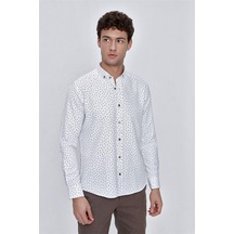 Bej Uzun Kol Baskılı Oxford Gömlek Yaka Klasik Slim Fit Dar Kesim Pamuklu Gömlek 1004225226-bej