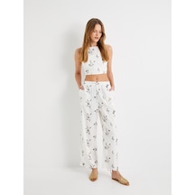 Koton Bol Paça Pantolon Normal Bel Cep Detaylı Çiçekli Ekru 4sak40153pw Ekru