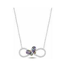 Çekirdekjewelry 925 Ayar Gümüş Sonsuzluk Kelebek Kolye Rodyum Kaplama, Renkli Taşlı Zarif Tasarım Gri