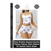 Floranova Özel Üretim Desenli Şortlu Pijama Takımı Özel Hediye Ev Giysisi Genç Giyim Beyaz - Pembe