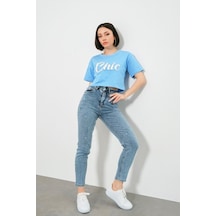 Taş İşlemeli Chic Baskı T-shirt-mavi Mavi