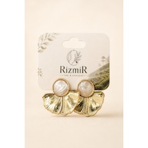 Kadın Detaylı Gold Yelpaze Form Küpe Krem