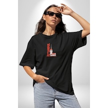 İstanbul Kız Kulesi Türkiye Siyah Oversize Unisex Ön Orta Minimal Baskılı Tişört Siyah