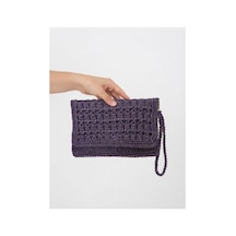 Myzumax El Örmesi Kadın Kağıt İp Portföy Çanta - 2 Bölmeli Mıknatıslı Bilek Askılı Bohem Clutch Mor