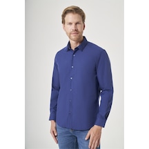İmza Lacivert Sert Yaka Uzun Kol Cepsiz Slim Fit Pamuklu Gömlek 1004260181
