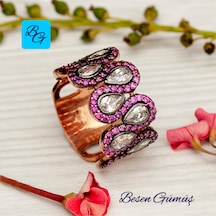 Pembe Zirkon Taşlı Damla Yedi Taş Yüzük Gümüş - Rose Gold
