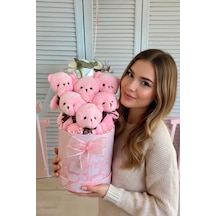 Premium Silindir Pembe Kalpli Kutusunda, Kalpli Balonlu 6 Lı Pembe Ayıcık Buketi
