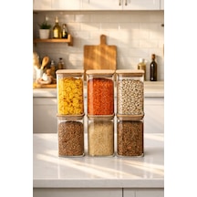 Porsima 6-3 Bambu Vakumlu Kapaklı Kare Borsilikat Cam 6lı Kavanoz Seti Saklama Kabı 1250ml 9,5x15cm Ahşap - Şeffaf