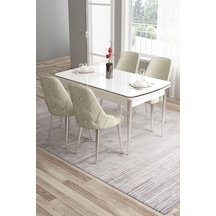 Canisa Tia Serisi 80x132 Açılabilir Mdf Beyaz Krom Detay Yemek Masası Takımı Ve 4 Krem Sandalye Masa Beyaz Sandalye Krem