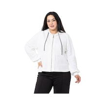 Büyük Beden Kapüşonlu Fermuarlı Üç İplik Beyaz Sweatshirt-beyaz Beyaz