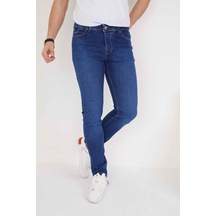Erkek Koyu Mavi Düz Slim Fit Likralı Düz Paça Kot Pantolon Koyu Mavi