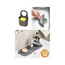 Antrasit Gri Su Tutucu Musluk Matı + Lavabo Süzgeci + Askılı Bulaşık Süngeri Düzenleyici 3 Lü Set Si Diğer