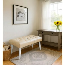 Waterybrook Bench Bank Puf - Suni Deri - Beyaz Ahşap Ayaklı - Retro Modern Tasarım & Dekoratif Sehpa Krem