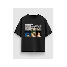 Yolo Street Meow Mood Kedi Grafik Baskılı Oversize Tişört %100 Pamuk Unisex Streetwear Siyah1