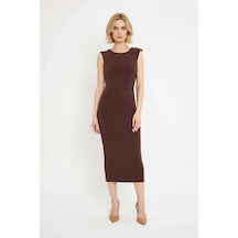 Benerly Kadın Kolsuz Bodycon Maxi Elbise Sırt Detaylı Sandy Dokulu Party Kahverengi