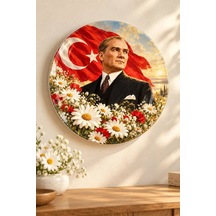 Dekoratif Duvar Tabağı Atatürk, Bayrak Ve Çiçekler Dekorlu Seramik Tabak Lacivert