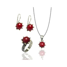 Mercan Taşlı El Işi Otantik Gümüş Üçlü Set (515514674)