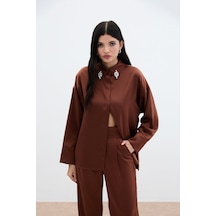 Sateen Aksesuar Detaylı Gömlek - Kahve-135987 Kahve