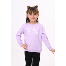 Toontoy Kız Çocuk Relax Fit Bisiklet Yaka Hafif Düşük Omuz Baskılı Sweatshirt - 2 İplik Lila