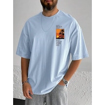 Beach Logo T-shirt - Bebe Mavi Baskılı Oversize Bisiklet Yaka Kısa Kol Bebe Mavi