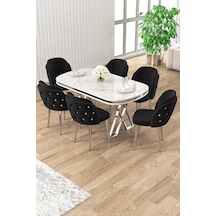 Canisa Zae Serisi 90x168 Lak Panel Beyaz Mermer Desen Krom Ayak Masa Takımı 6 Siyah Sandalye Siyah Mermer Desen Masa Sandalyeler Cappucino