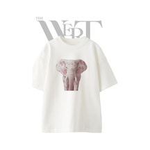 Thewert Rose Elephant Tasarım Baskılı Ünisex Beyaz Oversize T-shirt