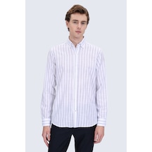 Hatemoğlu Lacivert Comfort Fit Çizgili Düğmeli Yaka 100% Pamuk Uzun Kollu Casual Gömlek